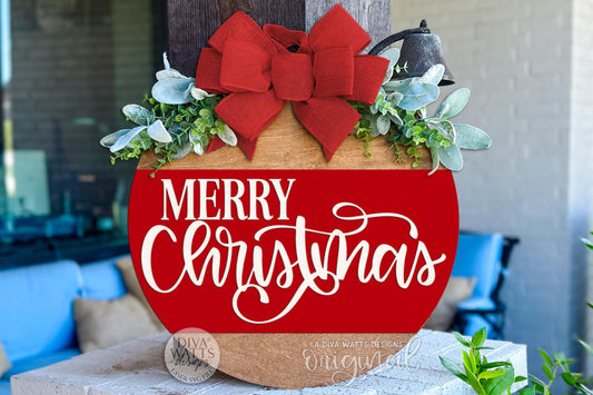Merry Christmas Round Door Hanger SVG | Layered Laser Cut File for Glowforge xTool | Festive Holiday Porch Sign Digital Download