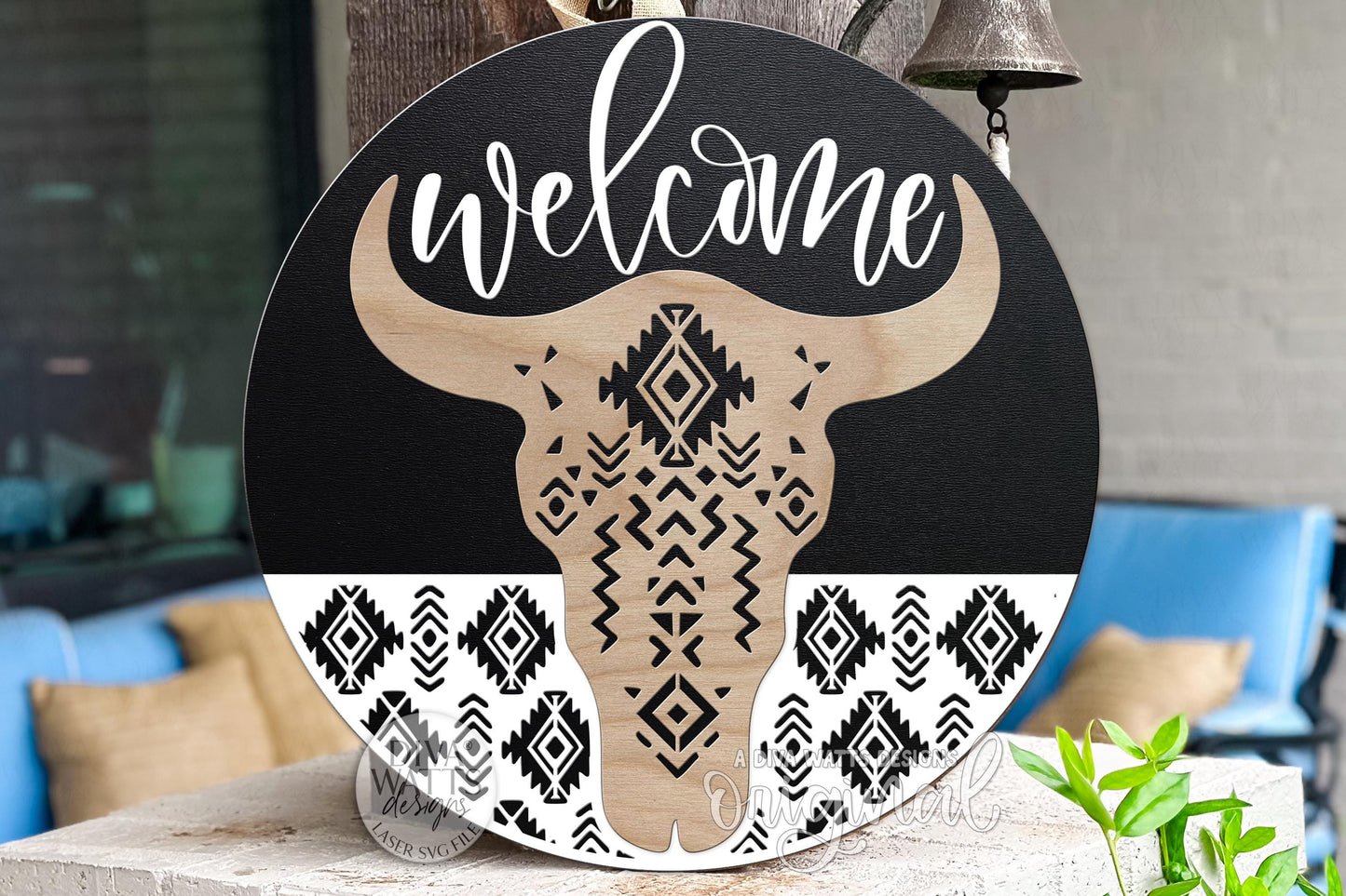Welcome Western Steer Head Aztec Bull Skull Round Door Hanger SVG | Boho Laser Cut File for Glowforge xTool | Rustic Farmhouse Porch Sign