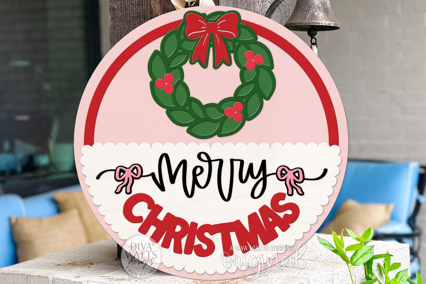 Merry Christmas Coquette Wreath Door Hanger SVG | Layered Bow Round Sign Laser Cut File for Glowforge xTool OMTech | Holiday Porch Décor