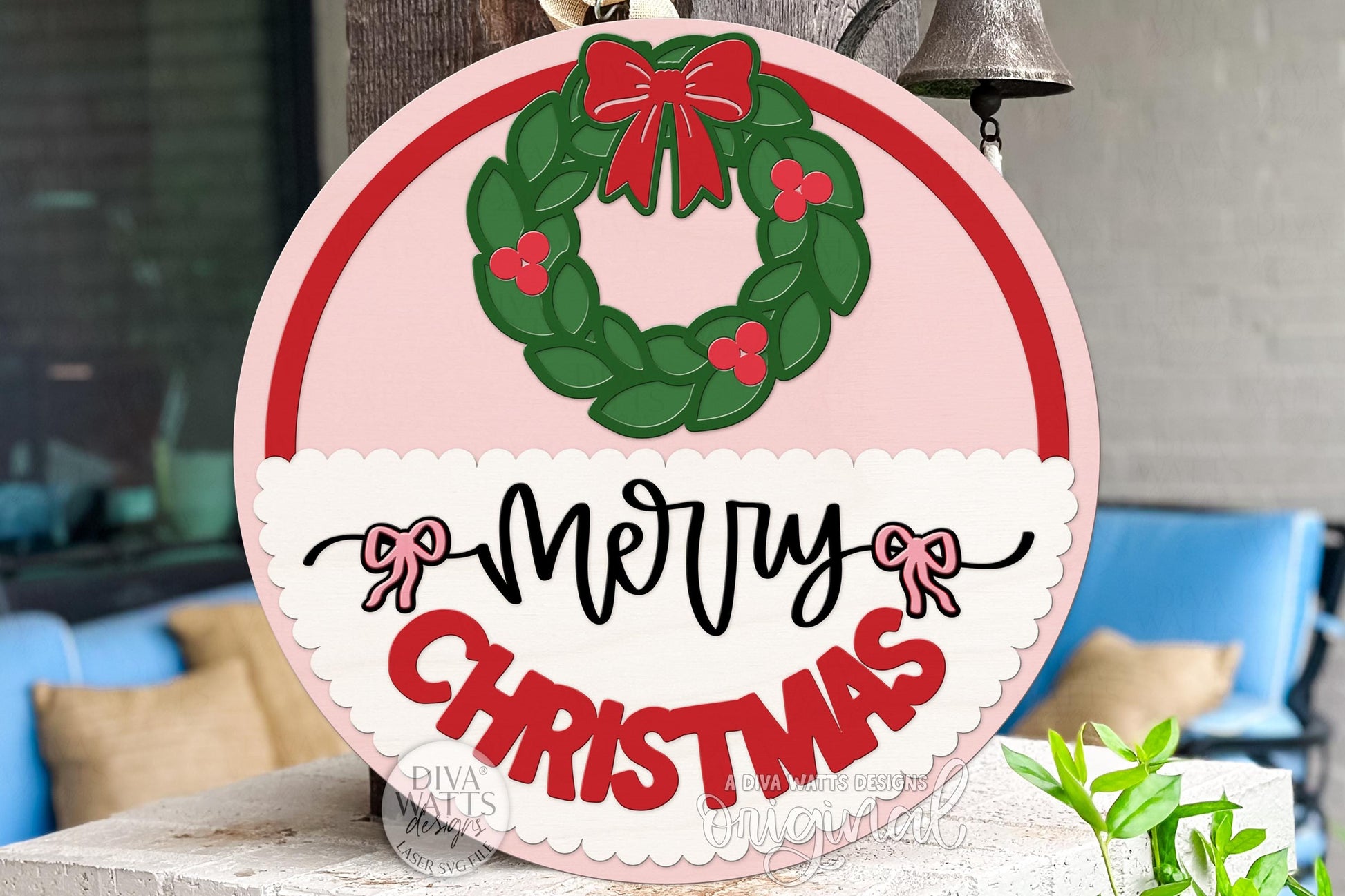 Merry Christmas Coquette Wreath Door Hanger SVG | Layered Bow Round Sign Laser Cut File for Glowforge xTool OMTech | Holiday Porch Décor
