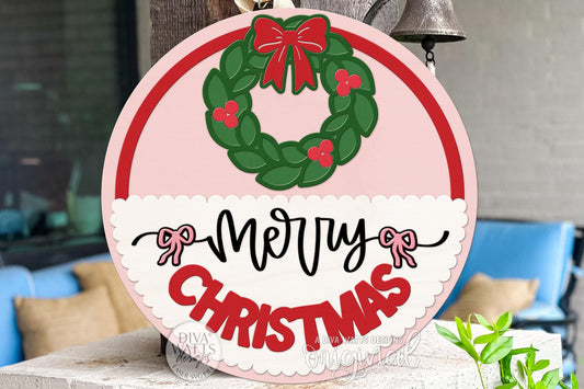 Merry Christmas Coquette Wreath Door Hanger SVG | Layered Bow Round Sign Laser Cut File for Glowforge xTool OMTech | Holiday Porch Décor