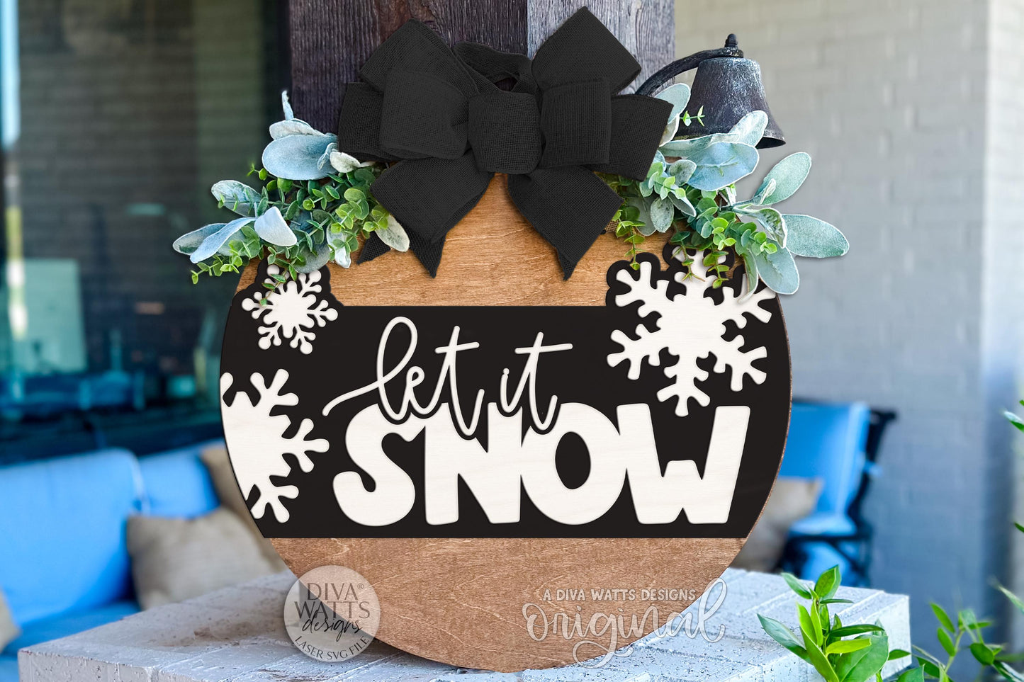 Let It Snow Round Door Hanger SVG | Layered Winter Snowflake Laser Cut File for Glowforge xTool OMTech | DIY Christmas Porch Sign