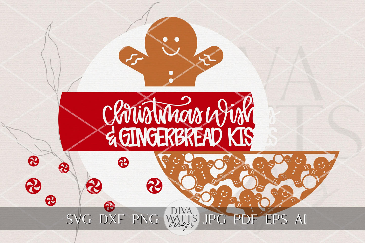 Christmas Wishes & Gingerbread Kisses SVG | Layered Round Door Hanger File for Glowforge xTool | Holiday Laser Cut Sign Template