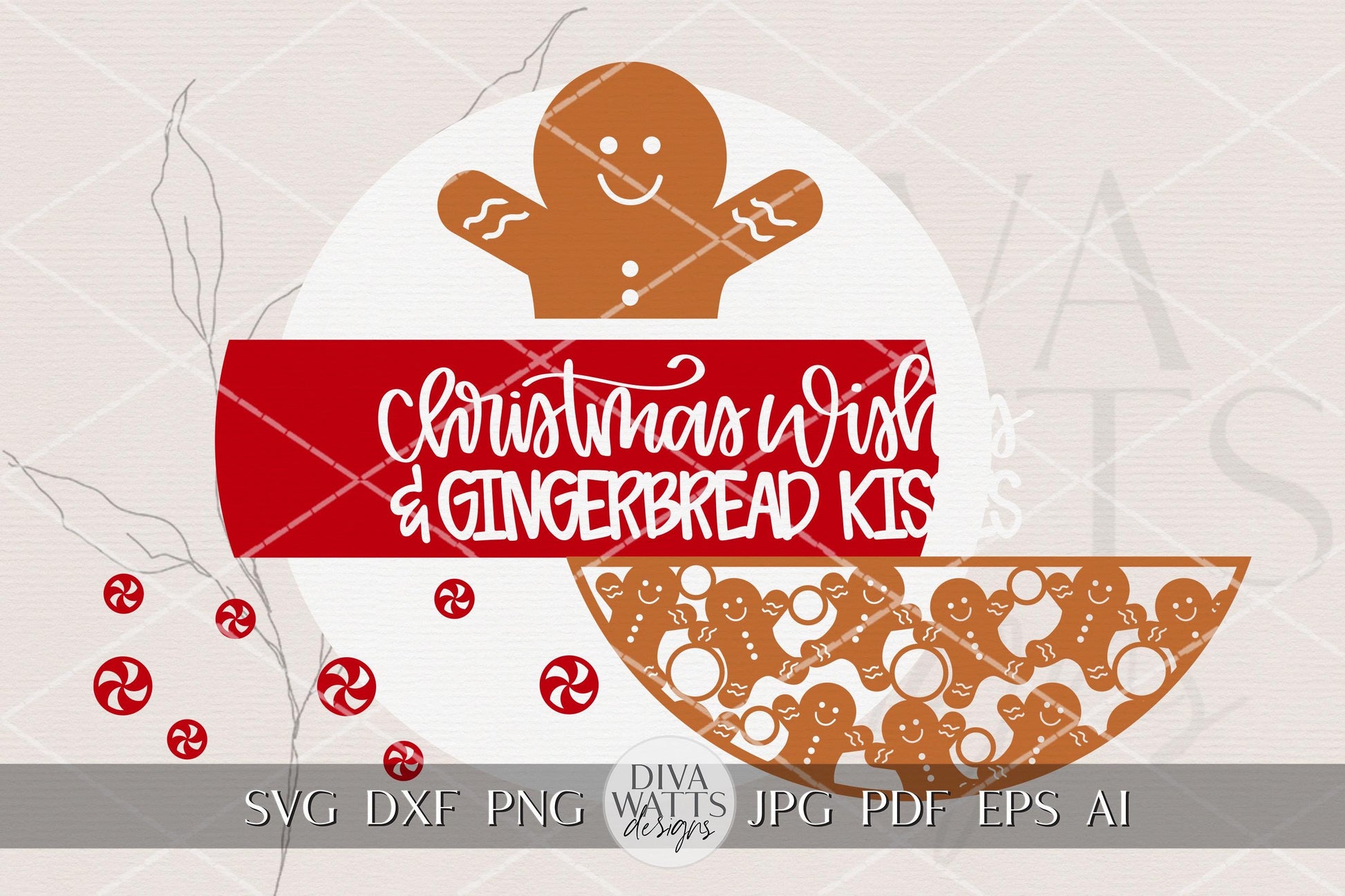 Christmas Wishes & Gingerbread Kisses SVG | Layered Round Door Hanger File for Glowforge xTool | Holiday Laser Cut Sign Template