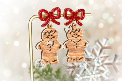 Gingerbread Man & Woman Earrings SVG with Bow Layer | Christmas Laser Cut File for Glowforge xTool OMTech | Holiday Jewelry Template