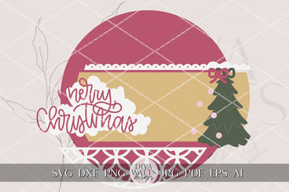 Merry Christmas Round Door Hanger SVG, Layered Ornament Sign File for Glowforge xTool OMTech, Holiday Laser Cut Template, DIY Porch Décor
