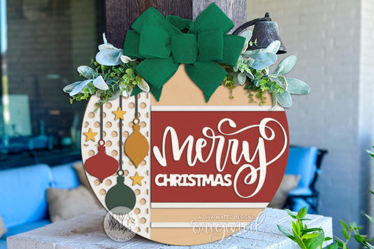 Merry Christmas Ornament Round Door Hanger SVG | Layered Laser Cut File for Glowforge xTool | Holiday Porch Sign Digital Download