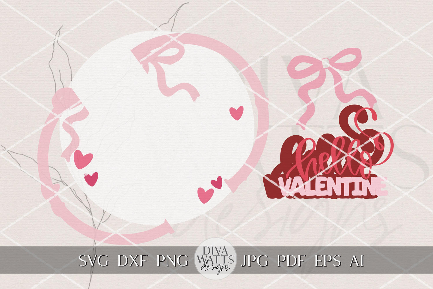 Hello Valentine Round Door Hanger SVG | Coquette Bow & Hearts Layered Laser Cut File for Glowforge | Laser | Valentine Porch Sign