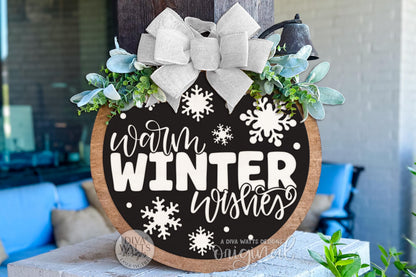 Warm Winter Wishes Round Door Hanger SVG Glowforge Laser Cut File for DIY Wood Sign Winter Porch Décor Digital Download