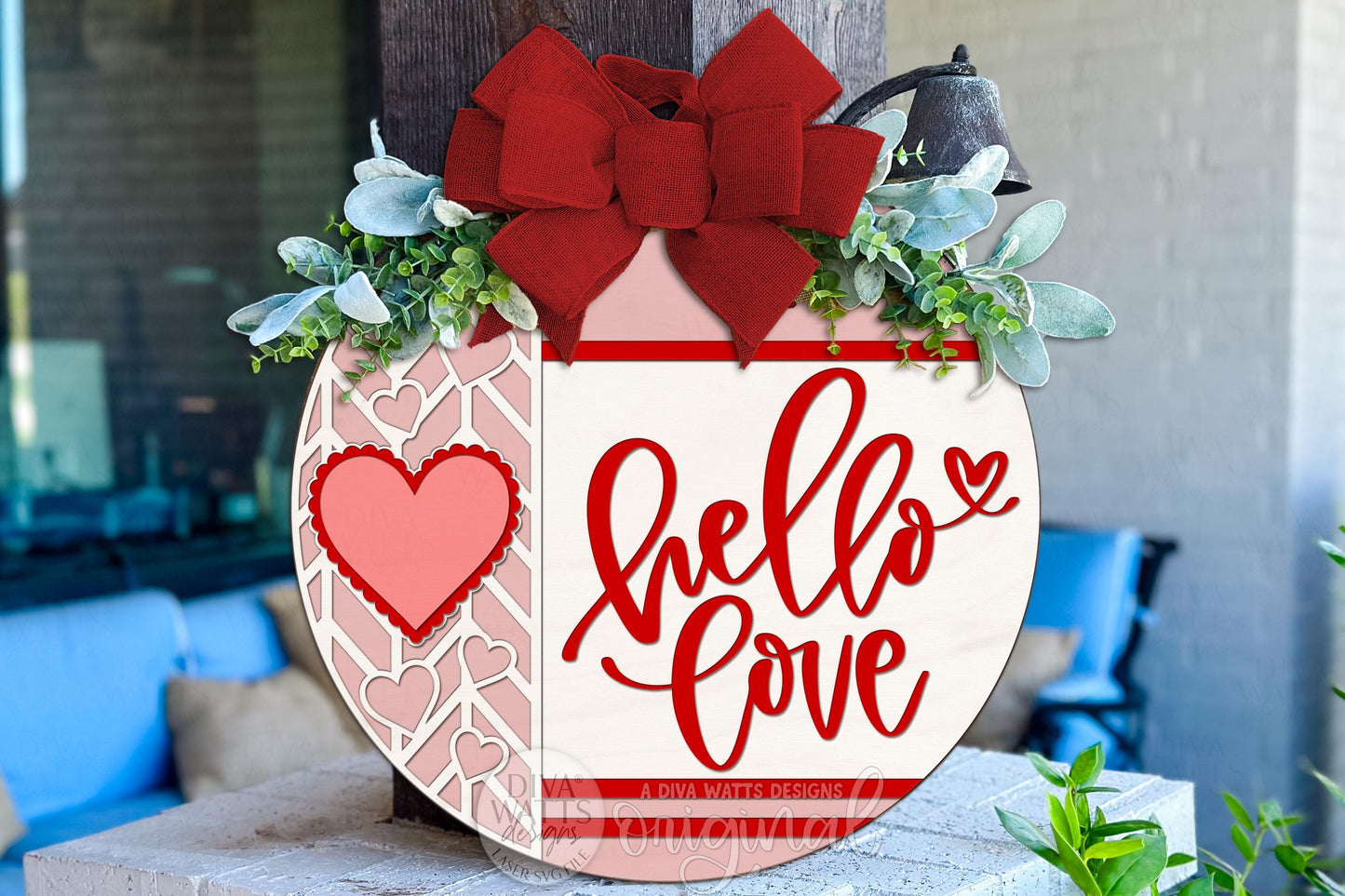 Hello Love Round Door Hanger SVG | Valentine Laser Cut File for Glowforge xTool | Heart Layered Door Sign Digital Download