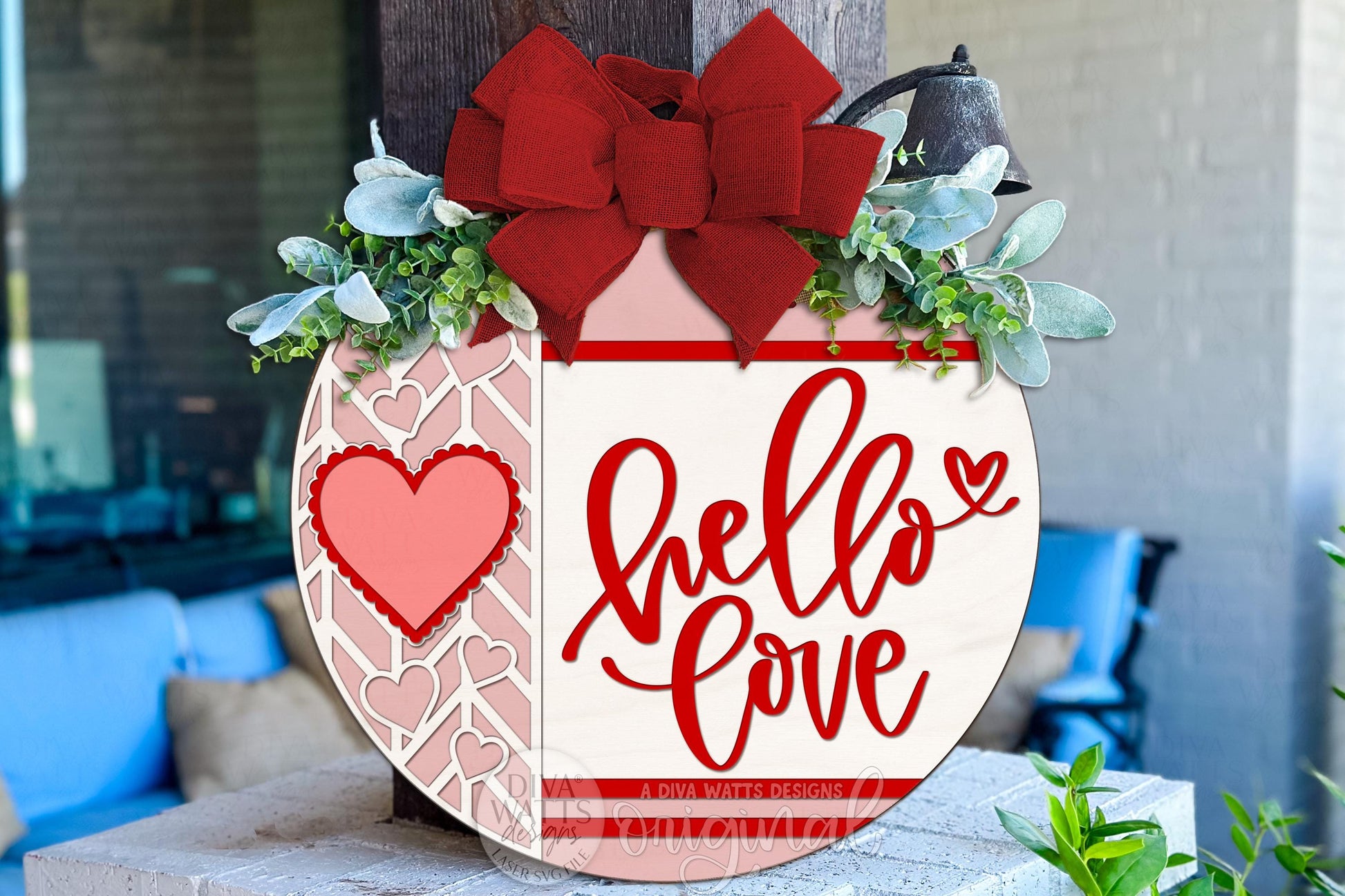 Hello Love Round Door Hanger SVG | Valentine Laser Cut File for Glowforge xTool | Heart Layered Door Sign Digital Download