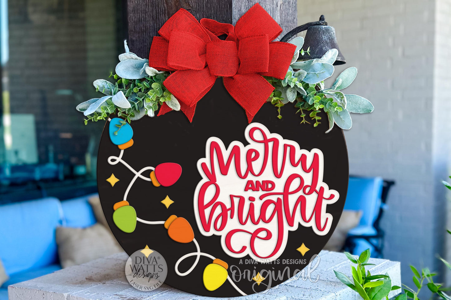 Merry and Bright Christmas Lights Round Door Hanger SVG | Layered Holiday Laser Cut File for Glowforge & xTool Décor Projects