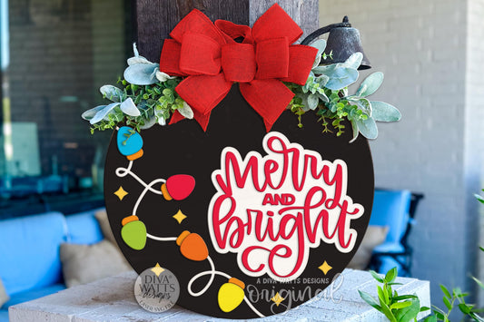 Merry and Bright Christmas Lights Round Door Hanger SVG | Layered Holiday Laser Cut File for Glowforge & xTool Décor Projects