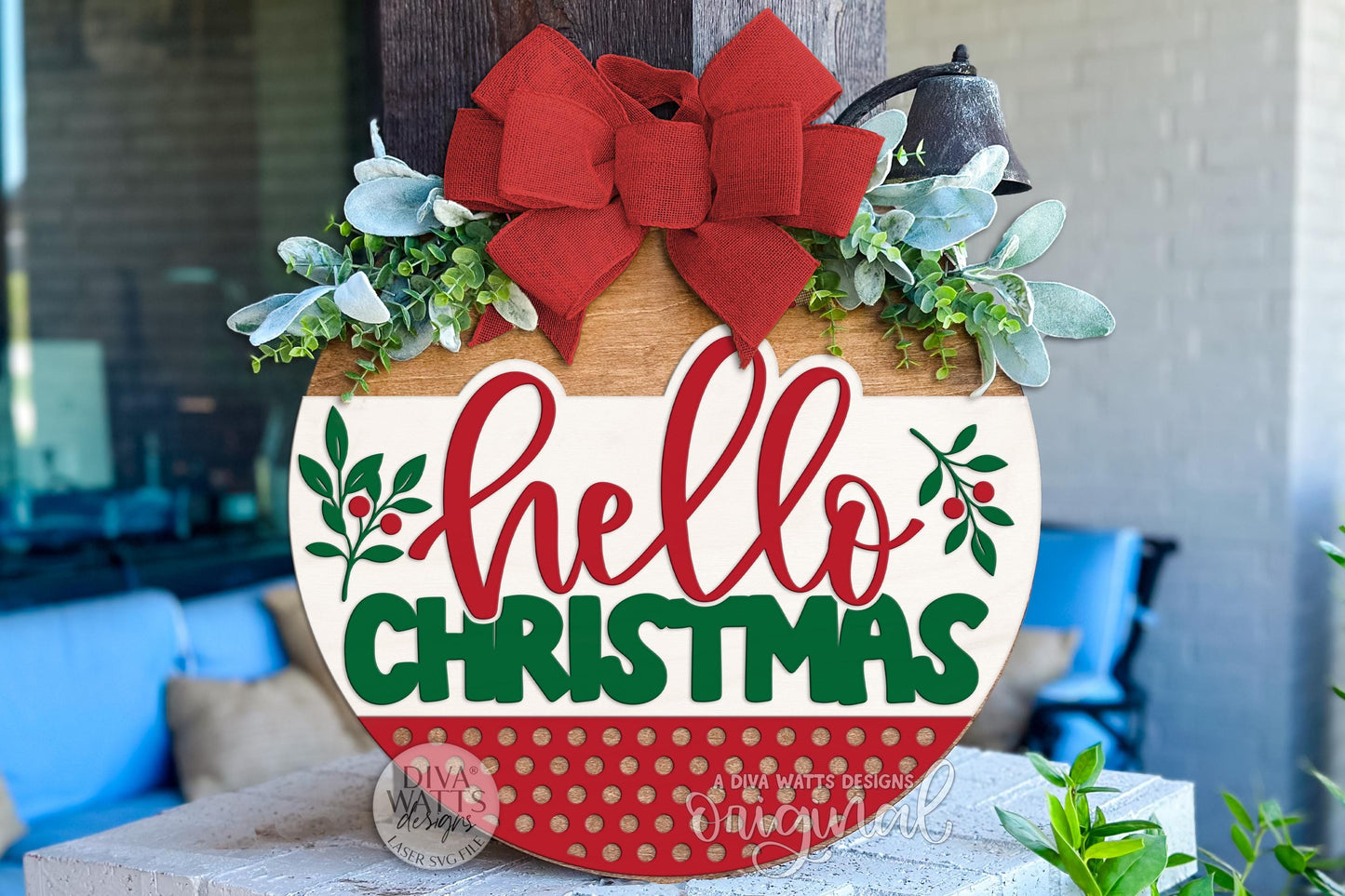 Hello Christmas Round Door Hanger SVG Glowforge File | Layered Holiday Laser Cut Ornament Sign for Porch Décor & DIY Craft Booths