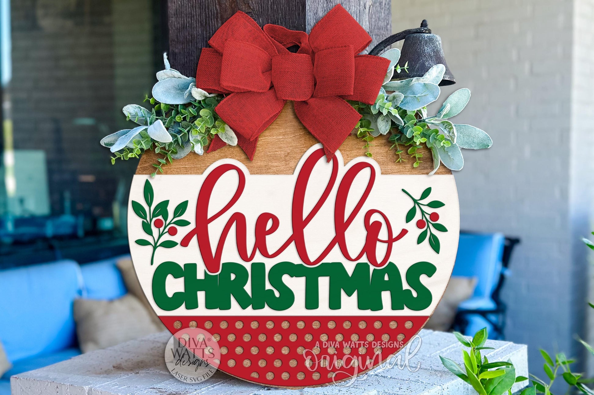 Hello Christmas Round Door Hanger SVG Glowforge File | Layered Holiday Laser Cut Ornament Sign for Porch Décor & DIY Craft Booths