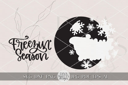 Freezin Season SVG Round Door Hanger File for Laser Cutting | Winter Porch Sign SVG | Snowflake Layered Sign | Glowforge xTool OMTech DIY