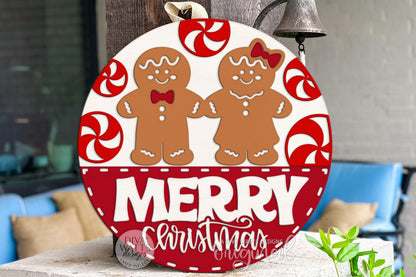 Merry Christmas Gingerbread Couple Round Door Hanger SVG | Peppermint Candy Laser Cut File for Glowforge, xTool & OMTech