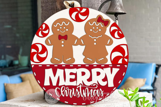 Merry Christmas Gingerbread Couple Round Door Hanger SVG | Peppermint Candy Laser Cut File for Glowforge, xTool & OMTech