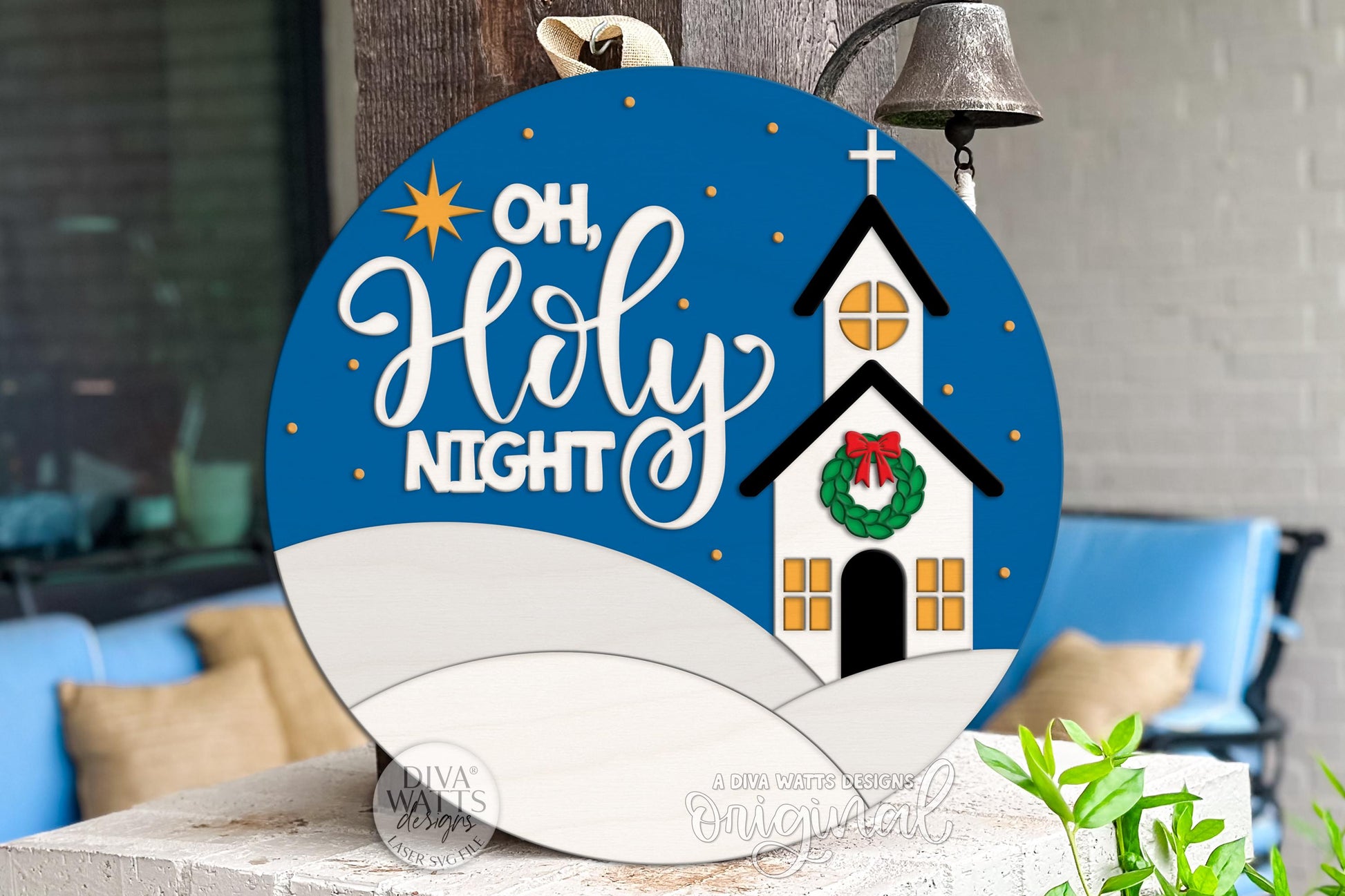 Oh Holy Night Church Round Door Hanger SVG | Nativity Christmas Laser Cut File for Glowforge, xTool & OMTech