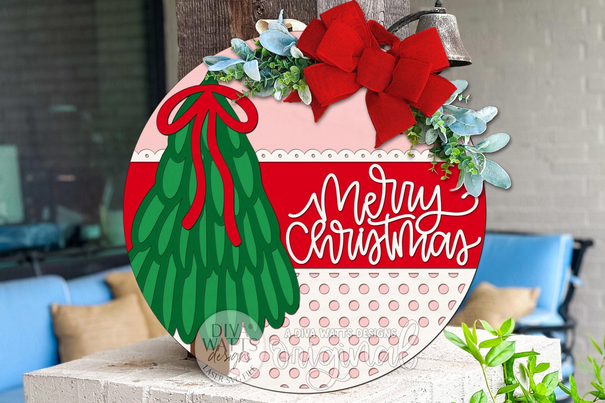 Coquette Christmas Door Hanger SVG | Bow & Tree Layered Round Sign | Holiday Laser Cut File for Glowforge xTool OMTech DIY Porch Décor
