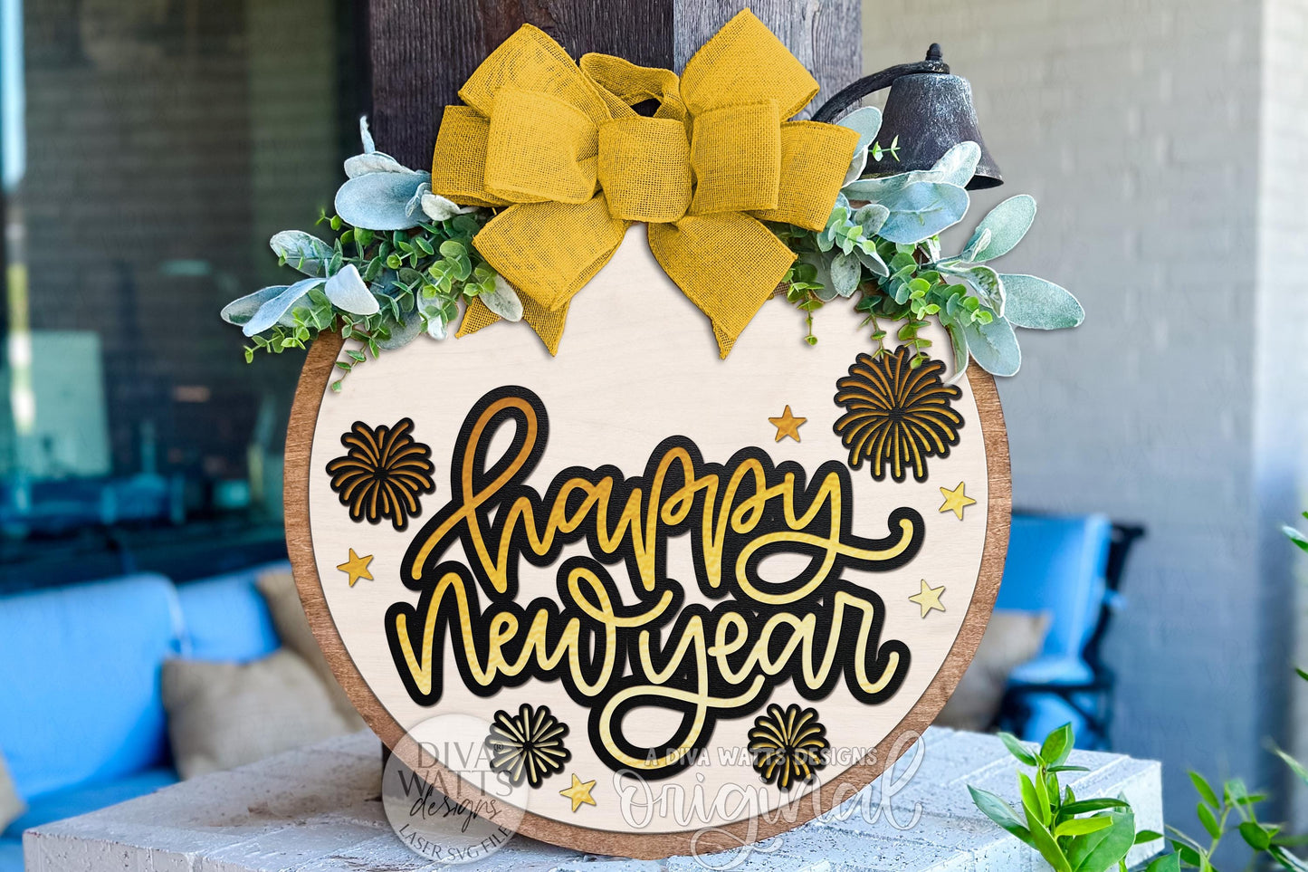 Happy New Year SVG Round Door Hanger Laser Cut File – Layered Fireworks New Year Sign for Glowforge, xTool, OMTech, or Cricut Crafts