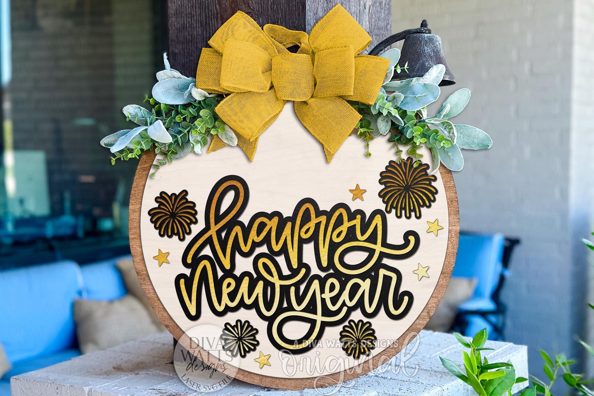 Happy New Year SVG Round Door Hanger Laser Cut File – Layered Fireworks New Year Sign for Glowforge, xTool, OMTech, or Cricut Crafts