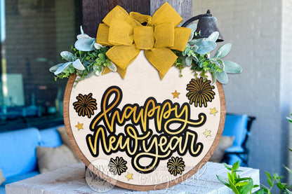 Happy New Year SVG Round Door Hanger Laser Cut File – Layered Fireworks New Year Sign for Glowforge, xTool, OMTech, or Cricut Crafts