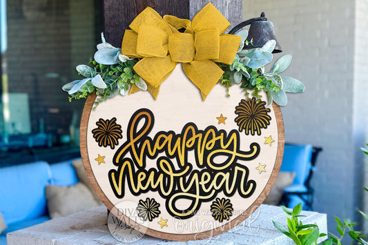 Happy New Year SVG Round Door Hanger Laser Cut File – Layered Fireworks New Year Sign for Glowforge, xTool, OMTech, or Cricut Crafts