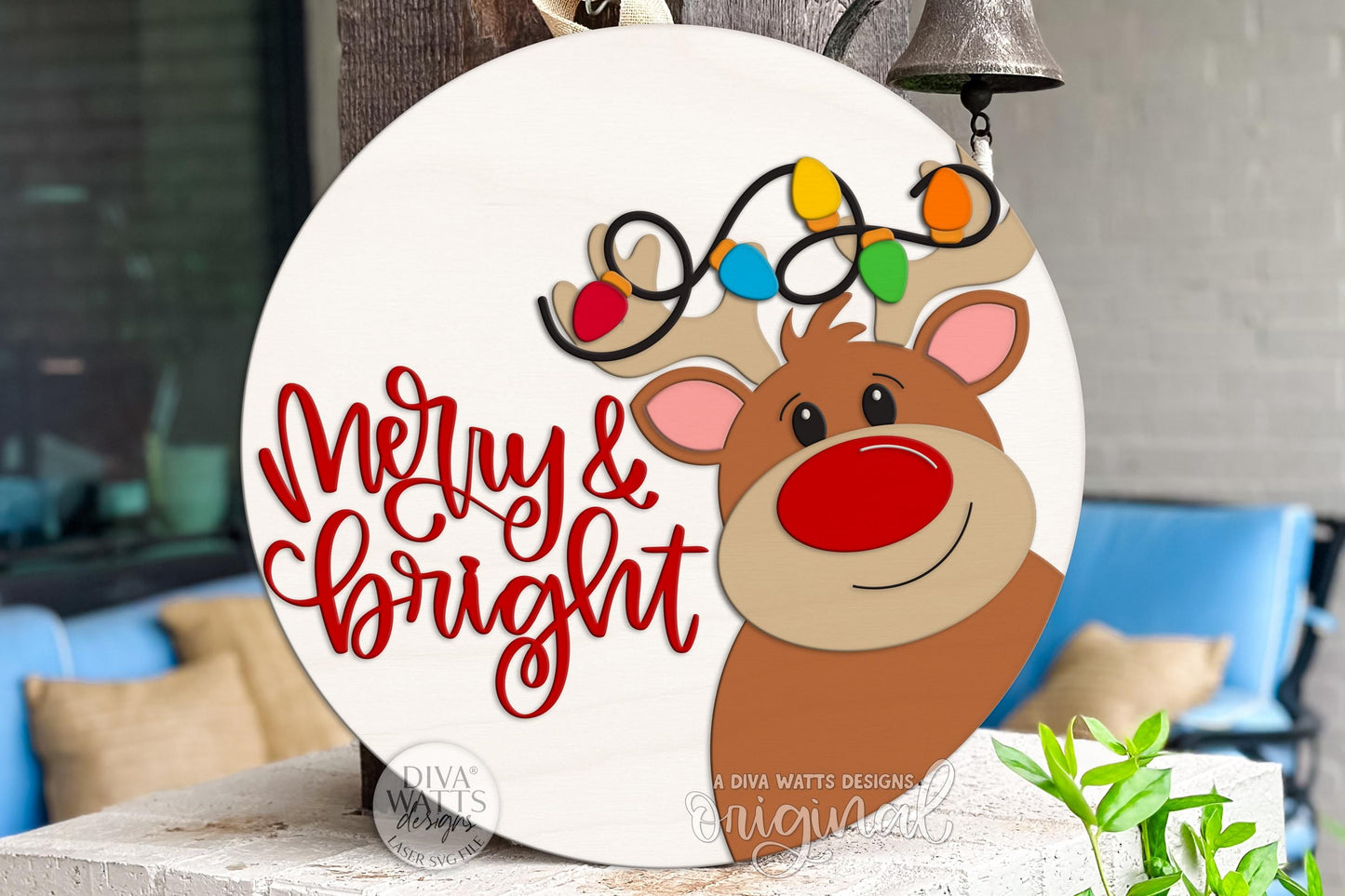 Merry & Bright Reindeer Round Door Hanger SVG | Christmas Lights Laser Cut File for Glowforge xTool OMTech | Holiday Porch Sign