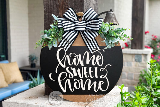 Home Sweet Home Round Door Hanger SVG | Modern Script Laser Cut File for Glowforge xTool OMTech | Front Porch DIY Wood Sign