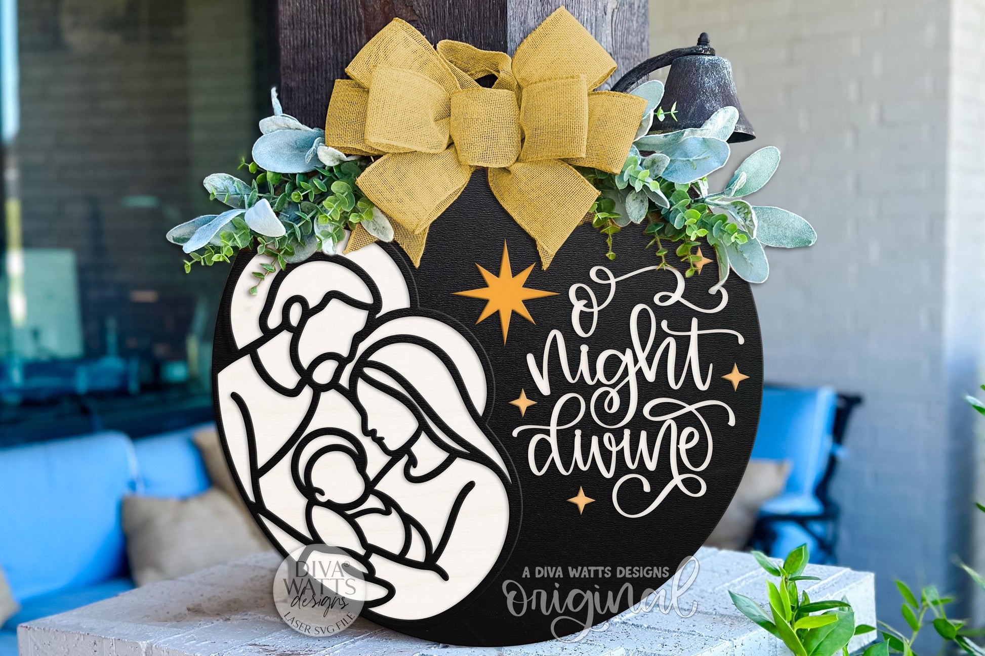 O Holy Night Divine Nativity Round Door Hanger SVG | Layered Christmas Laser Cut File for Glowforge xTool OMTech | Religious Holiday Sign
