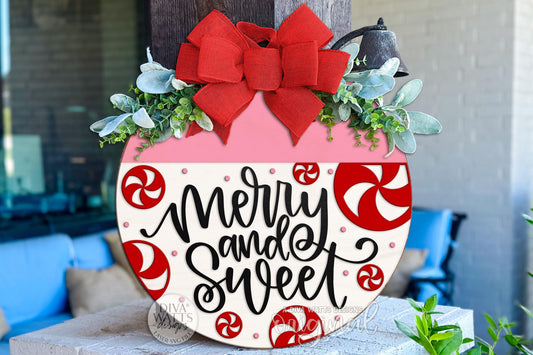 Merry and Sweet Christmas Round Door Hanger SVG | Peppermint Candy Laser Cut File for Glowforge xTool | Holiday Porch Sign DIY Décor
