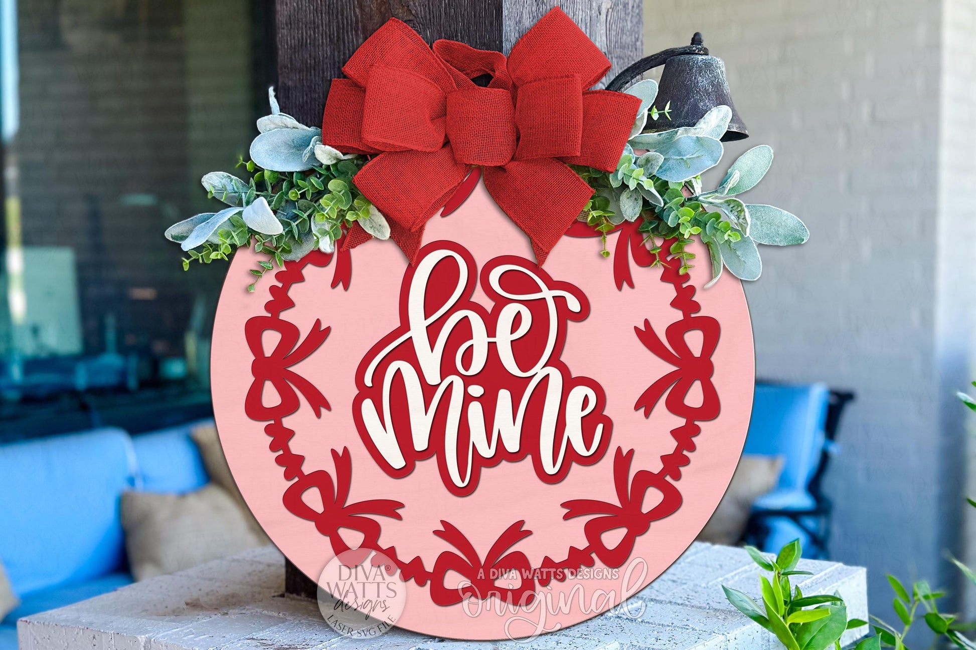 Be Mine Valentine Round Door Hanger SVG | Laser Cut File for Glowforge xTool OMTech | Layered Heart Bow Wreath Sign Digital Download