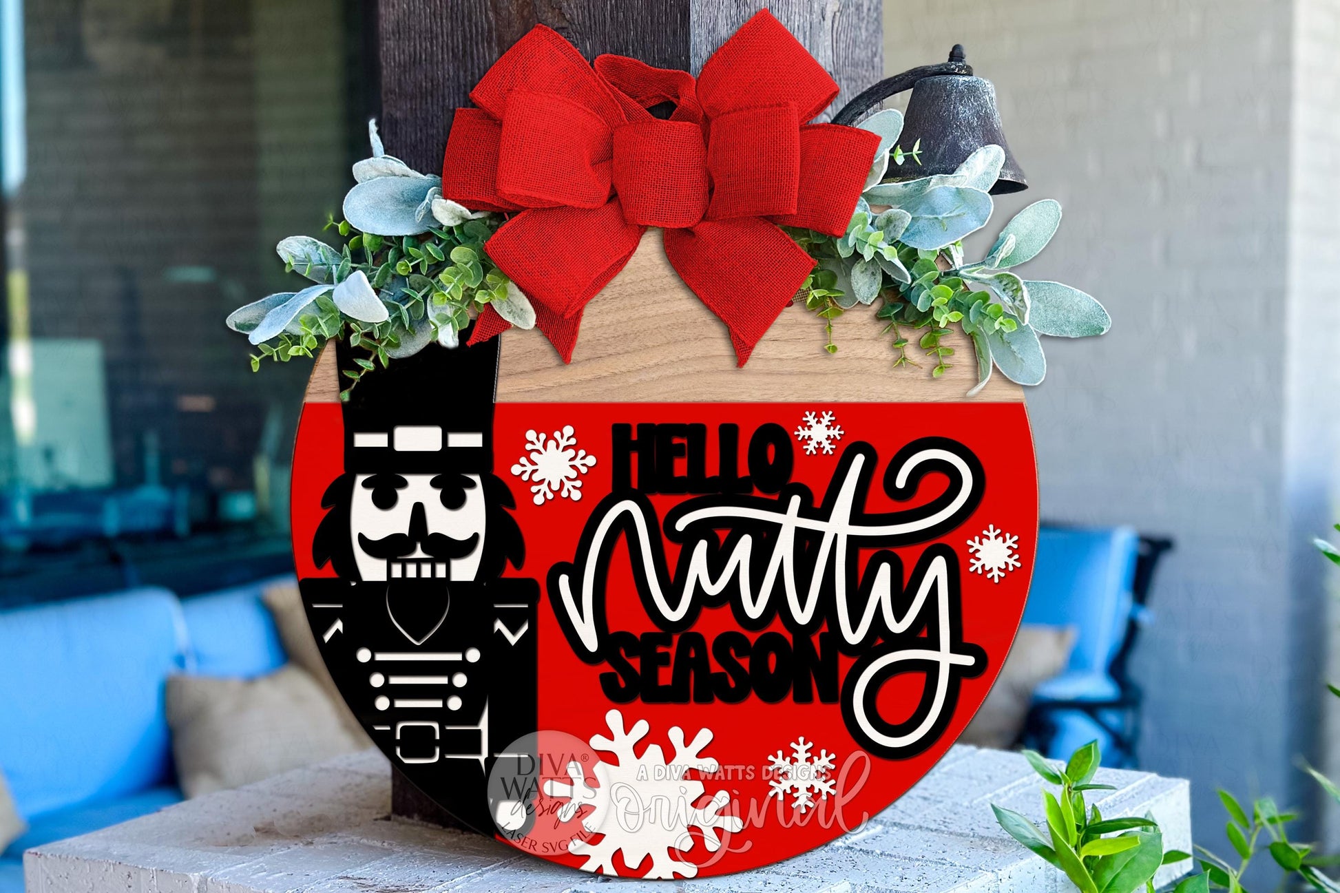Hello Nutty Season SVG | Nutcracker Round Door Hanger Laser Cut File for Christmas Porch Sign | Funny Holiday SVG for Glowforge & xTool