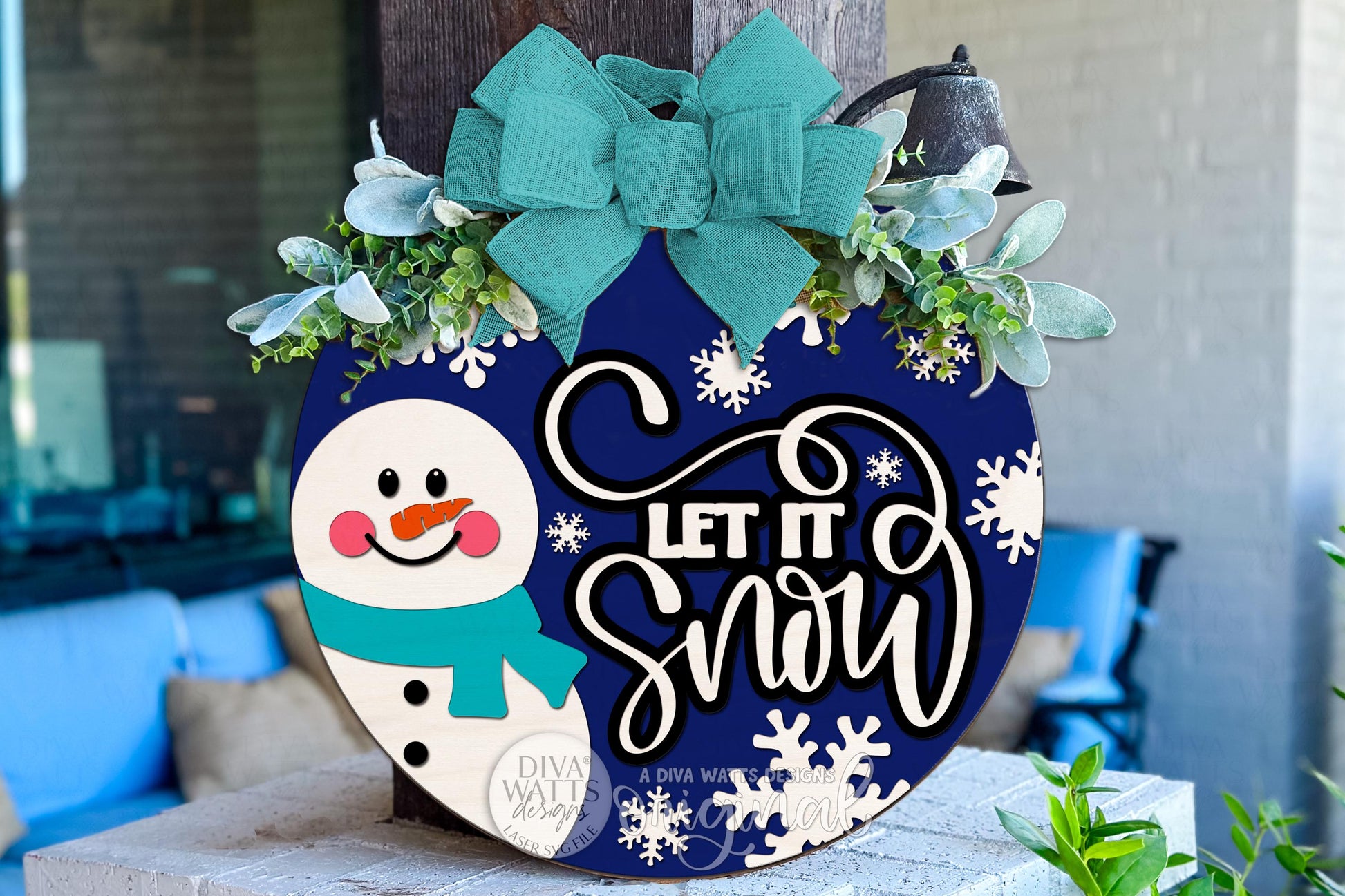 Let It Snow Snowman Round Door Hanger SVG | Winter Laser Cut File for Glowforge xTool | Christmas Porch Decor DIY Layered Sign