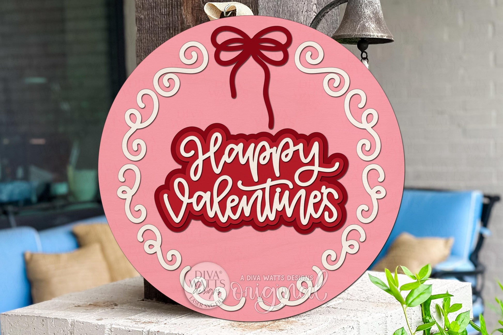 Happy Valentines Round Door Hanger SVG | Layered Valentine Laser Cut File | DIY Heart Wreath Sign for Glowforge & xTool