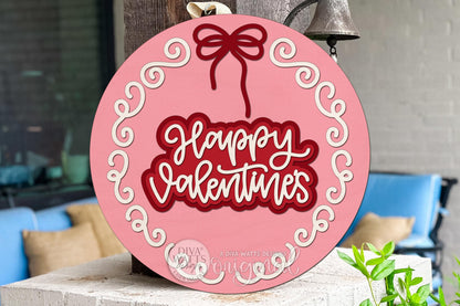 Happy Valentines Round Door Hanger SVG | Layered Valentine Laser Cut File | DIY Heart Wreath Sign for Glowforge & xTool