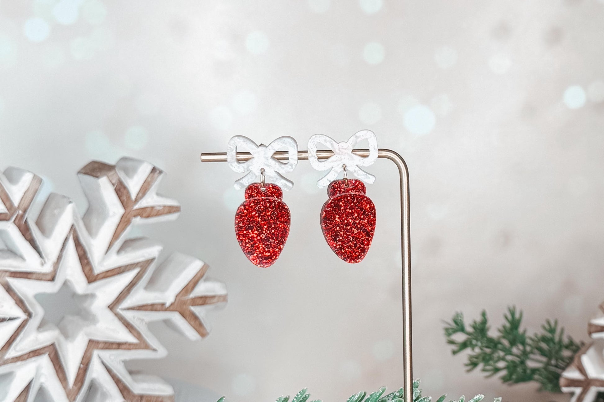 Christmas Light Bulb Earrings SVG | Layered Holiday Bow Earring Laser Cut File for Glowforge xTool | Festive Jewelry SVG for Winter Crafts