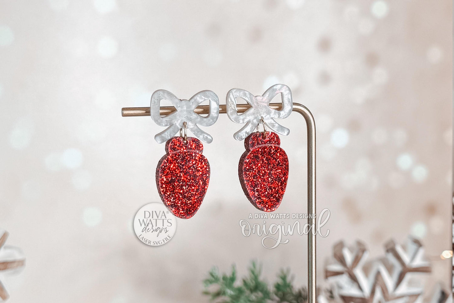 Christmas Light Bulb Earrings SVG | Layered Holiday Bow Earring Laser Cut File for Glowforge xTool | Festive Jewelry SVG for Winter Crafts