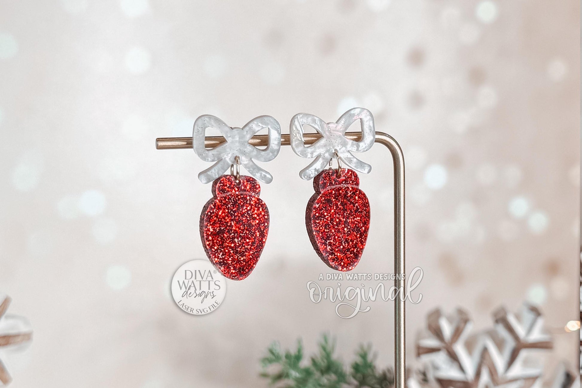 Christmas Light Bulb Earrings SVG | Layered Holiday Bow Earring Laser Cut File for Glowforge xTool | Festive Jewelry SVG for Winter Crafts