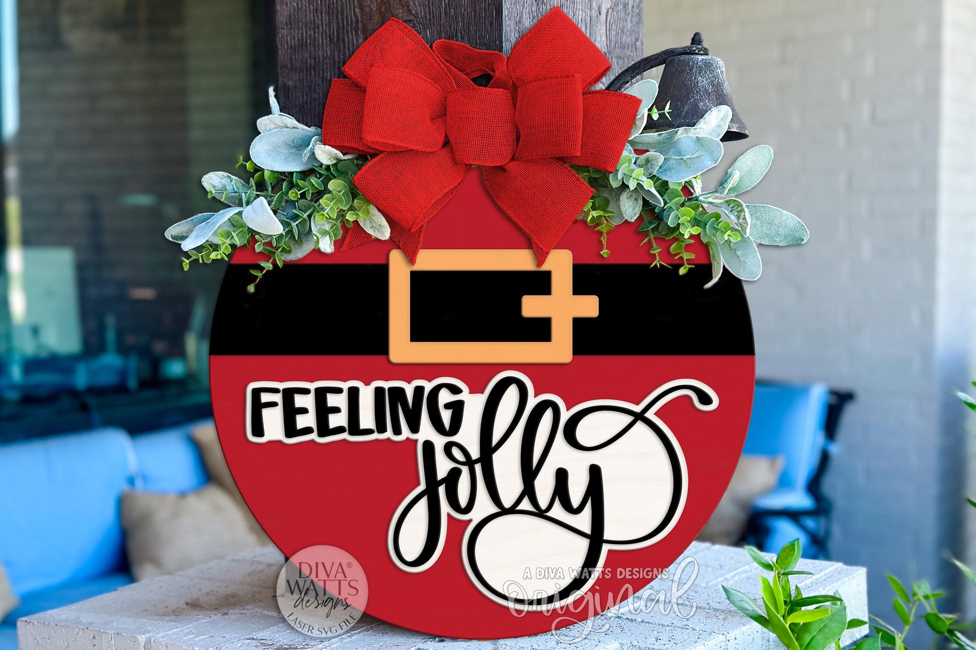 Feeling Jolly Round Door Hanger SVG | Layered Christmas Laser Cut File for Glowforge xTool | Santa Belt Holiday Porch Sign SVG