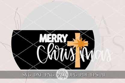 Merry Christmas Cross Round Door Hanger SVG File for Laser Cutting | Religious Christmas Porch Sign SVG | Nativity-Inspired Holiday Design