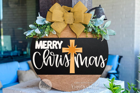 Merry Christmas Cross Round Door Hanger SVG File for Laser Cutting | Religious Christmas Porch Sign SVG | Nativity-Inspired Holiday Design