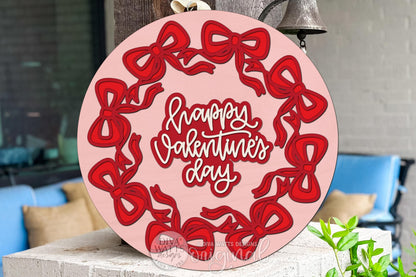 Happy Valentine’s Day Round Door Hanger SVG with Layered Ribbon Wreath Design for Glowforge xTool Laser Cutting DIY Porch Decor Sign