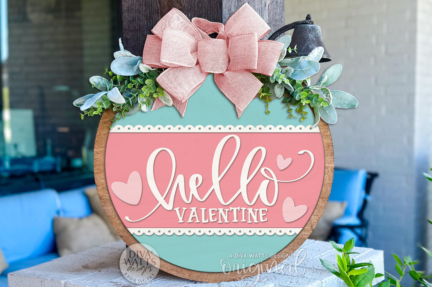 Hello Valentine Round Door Hanger SVG Laser Cut File | Layered 3D Heart Door Sign for Glowforge xTool OMTech | Valentine Porch Decor Digital