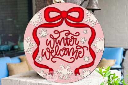 Winter Welcome Round Door Hanger SVG with Layered Bow and Snowflake Wreath Design for Glowforge xTool Laser Cutting Winter Porch Sign