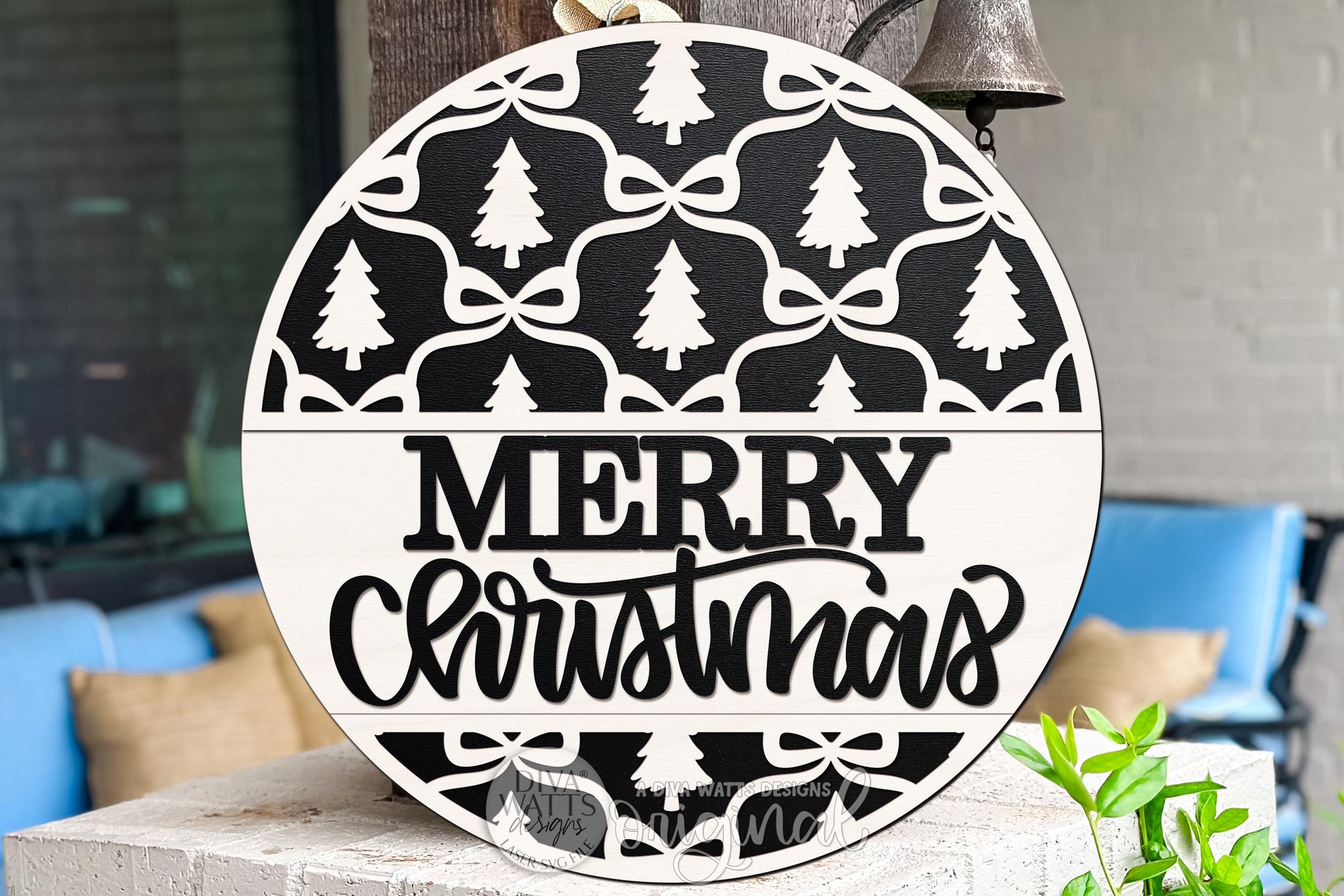 Merry Christmas Round Door Hanger SVG with Layered Trees and Bows | Holiday Laser Cut File for Glowforge xTool Seasonal Porch Decor