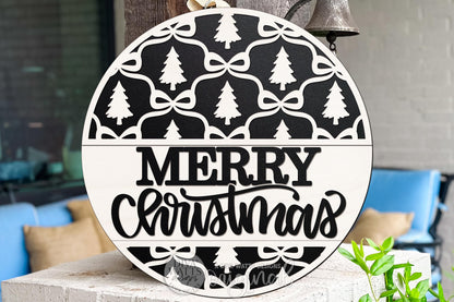 Merry Christmas Round Door Hanger SVG with Layered Trees and Bows | Holiday Laser Cut File for Glowforge xTool Seasonal Porch Decor