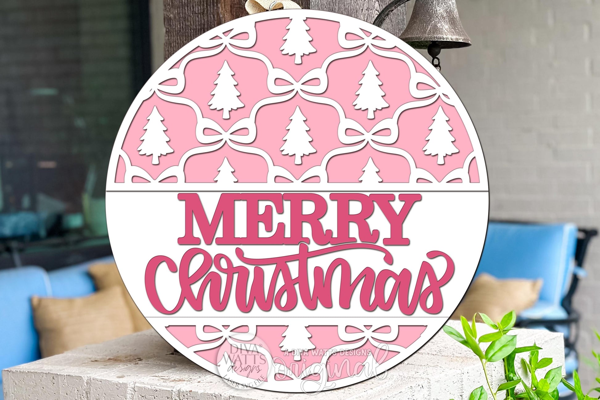 Merry Christmas Round Door Hanger SVG with Layered Trees and Bows | Holiday Laser Cut File for Glowforge xTool Seasonal Porch Decor