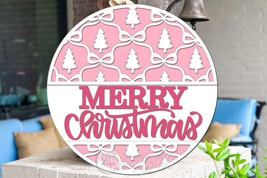 Merry Christmas Round Door Hanger SVG with Layered Trees and Bows | Holiday Laser Cut File for Glowforge xTool Seasonal Porch Decor